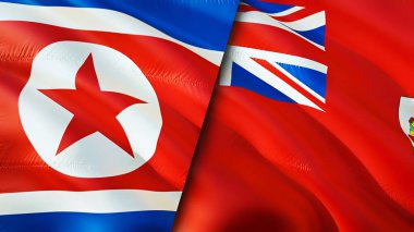 Kuzey Kore ve Bermuda bayrakları. 3 boyutlu dalgalanan bayrak tasarımı. Kuzey Kore Bermuda bayrağı, resim, duvar kağıdı. Kuzey Kore, Bermuda 'ya karşı, görüntü 3 boyutlu. Kuzey Kore Bermuda ilişkileri