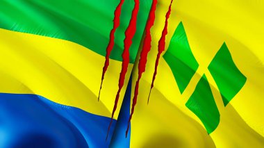 Gabon, Saint Vincent ve yara izi olan Grenadines bayrakları. Dalgalanan bayrak, 3 boyutlu görüntüleme. Gabon ve Saint Vincent ve Grenadines çatışma konsepti. Gabon Saint Vincent ve Grenadine
