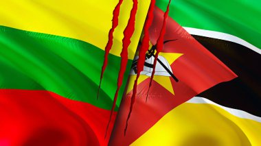 Yara izi olan Litvanya ve Mozambik bayrakları. Dalgalanan bayrak, 3 boyutlu görüntüleme. Litvanya ve Mozambik çatışma konsepti. Litvanya Mozambik ilişkileri kavramı. Litvanya ve Mozambik bayrağı