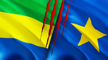 Gabon ve DR Kongo bayrakları yara izi konseptiyle. Dalgalanan bayrak, 3 boyutlu görüntüleme. Gabon ve DR Kongo çatışma konsepti. Gabon DR Kongo ilişkileri kavramı. Gabon ve DR Kongo bayrağı krizi, savaş, saldırı konsepti