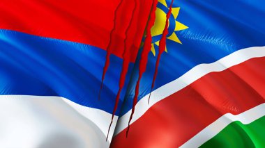 Sırbistan ve Namibya yara izi kavramına sahip bayraklar. Dalgalanan bayrak, 3 boyutlu görüntüleme. Sırbistan ve Namibya ihtilafı kavramı. Sırbistan Namibya ilişkileri kavramı. Sırbistan bayrağı ve Namibya krizi, savaş, saldırı konsepti