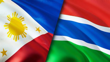 Filipinler ve Gambiya bayrakları. 3 boyutlu dalgalanan bayrak tasarımı. Filipinler Gambiya bayrağı, resim, duvar kağıdı. Filipinler Gambiya 'ya karşı, görüntü 3 boyutlu. Filipinler Gambiya ilişkileri