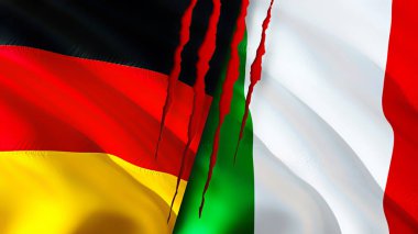 Almanya ve İtalya yara izi kavramına sahip bayraklar. Dalgalanan bayrak, 3 boyutlu görüntüleme. Almanya ve İtalya çatışma konsepti. Almanya İtalya ilişkileri kavramı. Almanya ve İtalya bayrağı kriz, savaş, saldırı konsepti