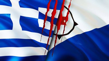 Yunanistan ve Bonaire yara izi olan bayraklar. Dalgalanan bayrak, 3 boyutlu görüntüleme. Yunanistan ve Bonaire çatışma konsepti. Yunanistan Bonaire ilişkileri kavramı. Yunanistan bayrağı ve Bonaire krizi, savaş, saldırı konsepti