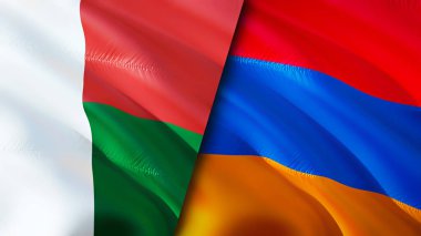 Madagaskar ve Ermenistan bayrakları. 3 boyutlu dalgalanan bayrak tasarımı. Madagaskar Ermenistan bayrağı, resim, duvar kağıdı. Madagaskar, Ermenistan 'a karşı, görüntü 3 boyutlu. Madagaskar Ermenistan ilişkileri