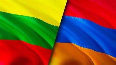 Litvanya ve Ermenistan bayrakları. 3 boyutlu dalgalanan bayrak tasarımı. Litvanya Ermenistan bayrağı, resim, duvar kağıdı. Litvanya, Ermenistan imajına karşı, 3 boyutlu canlandırma. Litvanya Ermenistan ilişkileri ittifak ve ticaret, seyahat, turnuva