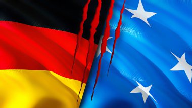 Almanya ve Mikronezya yara izi olan bayraklar. Dalgalanan bayrak, 3 boyutlu görüntüleme. Almanya ve Mikronezya çatışma konsepti. Almanya Mikronezya ilişkileri kavramı. Almanya bayrağı ve Mikronezya krizi, savaş