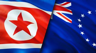 Kuzey Kore ve Cook Adaları bayrakları. 3 boyutlu dalgalanan bayrak tasarımı. Kuzey Kore Cook Adaları bayrağı, resim, duvar kağıdı. Kuzey Kore, Cook Adaları 'na karşı. Görüntü 3D. Kuzey Kore Cook Adaları ilişkisi