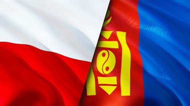 Polonya ve Moğolistan bayrakları. 3 boyutlu dalgalanan bayrak tasarımı. Polonya Moğolistan bayrağı, resim, duvar kağıdı. Polonya, Moğolistan 'a karşı, görüntü 3D. Polonya Moğolistan ilişkileri ittifak ve ticaret, seyahat, turizm konsepti