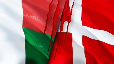 Madagaskar ve yara izi olan Danimarka bayrakları. Dalgalanan bayrak, 3 boyutlu görüntüleme. Madagaskar ve Danimarka çatışma konsepti. Madagaskar Danimarka ilişkileri kavramı. Madagaskar bayrağı ve Danimarka krizi, savaş