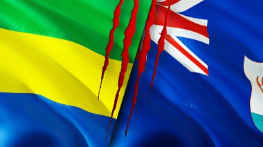 Gabon ve Anguilla yara izi olan bayraklar. Dalgalanan bayrak, 3 boyutlu görüntüleme. Gabon ve Anguilla çatışma konsepti. Gabon Anguilla ilişkileri kavramı. Gabon ve Anguilla bayrağı krizi, savaş, saldırı konsepti
