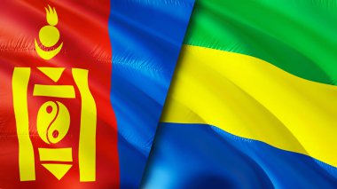 Moğolistan ve Gabon bayrakları. 3 boyutlu dalgalanan bayrak tasarımı. Moğolistan Gabon bayrağı, resim, duvar kağıdı. Moğolistan Gabon 'a karşı, görüntü 3 boyutlu. Moğolistan Gabon ilişkileri ittifak ve ticaret, seyahat, turizm konsepti