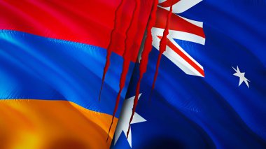 Yara izi olan Ermenistan ve Avustralya bayrakları. Dalgalanan bayrak, 3 boyutlu görüntüleme. Ermenistan ve Avustralya çatışma konsepti. Ermenistan Avustralya ilişkileri kavramı. Ermenistan bayrağı ve Avustralya krizi, savaş, attac