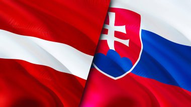 Letonya ve Slovakya bayrakları. 3 boyutlu dalgalanan bayrak tasarımı. Letonya Slovakya bayrağı, resim, duvar kağıdı. Letonya vs Slovakya görüntüsü, 3D görüntüleme. Letonya Slovakya ilişkileri ittifak ve ticaret, seyahat, turizm konsepti