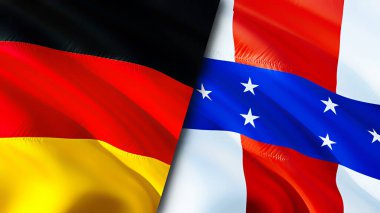 Almanya ve Hollanda Antilleri bayrakları. 3 boyutlu dalgalanan bayrak tasarımı. Almanya Hollanda Antilleri bayrağı, resmi, duvar kağıdı. Almanya, Hollanda Antilleri 'ne karşı. Görüntü 3D. Almanya Hollanda AntilleriName