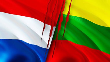 Hollanda ve Litvanya yara izi olan bayraklar. Dalgalanan bayrak, 3 boyutlu görüntüleme. Hollanda ve Litvanya çatışması konsepti. Hollanda Litvanya ilişkileri kavramı. Hollanda ve Litvanya bayrağı