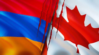 Yara izi olan Ermenistan ve Kanada bayrakları. Dalgalanan bayrak, 3 boyutlu görüntüleme. Ermenistan ve Kanada çatışma konsepti. Ermenistan Kanada ilişkileri kavramı. Ermenistan ve Kanada bayrağı krizi, savaş, saldırı konsepti