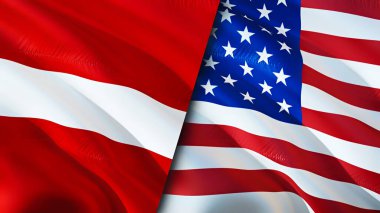 Letonya ve ABD bayrakları. 3 boyutlu dalgalanan bayrak tasarımı. Letonya bayrağı, resim, duvar kağıdı. Letonya, ABD imajına karşı, 3D görüntüleme. Letonya ABD ilişkileri ittifak ve ticaret, seyahat, turizm konsepti