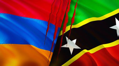 Ermenistan, Saint Kitts ve yara izi olan Nevis bayrakları. Dalgalanan bayrak, 3 boyutlu görüntüleme. Ermenistan, Saint Kitts ve Nevis çatışma konsepti. Ermenistan Saint Kitts ve Nevis ilişkileri kavramı. bayrak