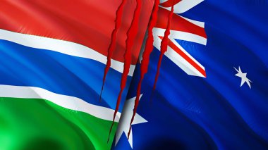 Gambiya ve Avustralya bayrakları yara izi konseptiyle. Dalgalanan bayrak, 3 boyutlu görüntüleme. Gambiya ve Avustralya çatışma konsepti. Gambiya Avustralya ilişkileri kavramı. Gambiya bayrağı ve Avustralya krizi, savaş, attac