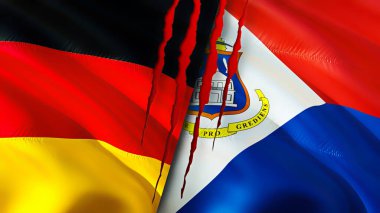 Almanya ve Sint Maarten yara izi olan bayraklar. Dalgalanan bayrak, 3 boyutlu görüntüleme. Almanya ve Sint Maarten çatışma konsepti. Almanya Sint Maarten ilişkileri konsepti. Almanya bayrağı ve Sint Maarte