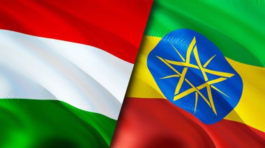 Macaristan ve Etiyopya bayrakları. 3 boyutlu dalgalanan bayrak tasarımı. Macaristan Etiyopya bayrağı, resim, duvar kağıdı. Macaristan Etiyopya 'ya karşı, görüntü 3 boyutlu. Macaristan Etiyopya ilişkileri ittifak ve ticaret, seyahat, turnuva