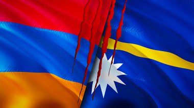 Yara izi olan Ermenistan ve Nauru bayrakları. Dalgalanan bayrak, 3 boyutlu görüntüleme. Ermenistan ve Nauru çatışma konsepti. Ermenistan Nauru ilişkileri kavramı. Ermenistan bayrağı ve Nauru krizi, savaş, saldırı konsepti