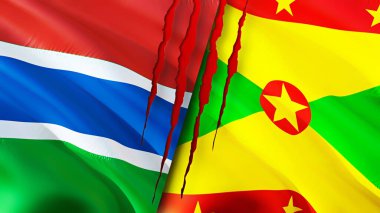Gambiya ve Grenada bayraklarında yara izi var. Dalgalanan bayrak, 3 boyutlu görüntüleme. Gambiya ve Grenada çatışma konsepti. Gambiya Grenada ilişkileri kavramı. Gambiya bayrağı ve Grenada krizi, savaş, saldırı konsepti