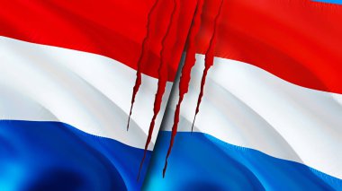 Hollanda ve Lüksemburg bayrakları ve yara izi konsepti. Dalgalanan bayrak, 3 boyutlu görüntüleme. Hollanda ve Lüksemburg çatışma konsepti. Hollanda Lüksemburg ilişkileri kavramı. Hollanda bayrağı