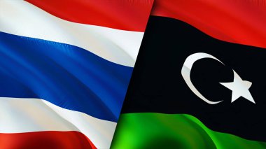 Tayland ve Libya bayrakları. 3 boyutlu dalgalanan bayrak tasarımı. Tayland ve Libya bayrağı, resim, duvar kağıdı. Tayland, Libya imajına karşı, 3D görüntüleme. Tayland Libya ilişkileri ittifak ve ticaret, seyahat, turizm konsepti