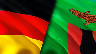 Almanya ve Zambiya bayrakları. 3 boyutlu dalgalanan bayrak tasarımı. Almanya Zambiya bayrağı, resim, duvar kağıdı. Almanya, Zambiya 'ya karşı, görüntü 3 boyutlu. Almanya Zambiya ilişkileri ittifak ve ticaret, seyahat, turizm konsepti