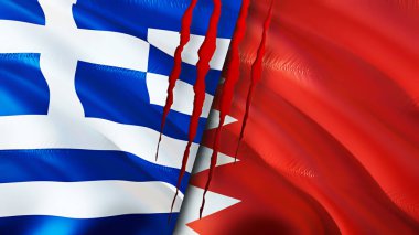 Yunanistan ve Bahreyn yara izi olan bayraklar. Dalgalanan bayrak, 3 boyutlu görüntüleme. Yunanistan ve Bahreyn çatışma konsepti. Yunanistan Bahreyn ilişkileri kavramı. Yunanistan bayrağı ve Bahreyn krizi, savaş, saldırı konsepti