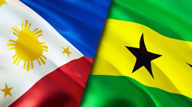 Filipinler, Sao Tome ve Principe bayrakları. 3 boyutlu dalgalanan bayrak tasarımı. Filipinler Sao Tome ve Principe bayrağı, resim, duvar kağıdı. Filipinler, Sao Tome ve Principe 'ye karşı 3 boyutlu görüntü. FilipinName