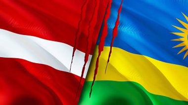 Letonya ve Ruanda bayraklarında yara izi var. Dalgalanan bayrak, 3 boyutlu görüntüleme. Letonya ve Ruanda çatışma konsepti. Letonya Ruanda ilişkileri kavramı. Letonya bayrağı ve Ruanda krizi, savaş, saldırı konsepti