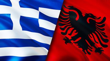 Yunanistan ve Arnavutluk bayrakları. 3 boyutlu dalgalanan bayrak tasarımı. Yunanistan Arnavutluk bayrağı, resmi, duvar kağıdı. Yunanistan Arnavutluk 'a karşı imaj, 3D görüntüleme. Yunanistan Arnavutluk ile ilişkiler ittifak ve ticaret, seyahat ve turizm kavramları
