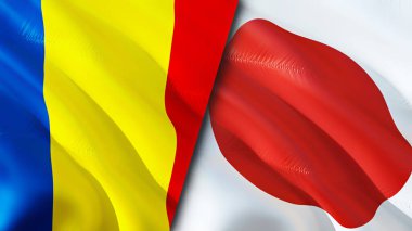 Romanya ve Japonya bayrakları. 3 boyutlu dalgalanan bayrak tasarımı. Romanya bayrağı, resim, duvar kağıdı. Romanya, Japonya 'ya karşı imaj, 3D görüntüleme. Romanya Japonya ile ilişkiler ittifak ve ticaret, seyahat ve turizm konsepti