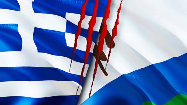 Yara izi olan Yunanistan ve Lesotho bayrakları. Dalgalanan bayrak, 3 boyutlu görüntüleme. Yunanistan ve Lesotho çatışma konsepti. Yunanistan Lesotho ilişkileri kavramı. Yunanistan bayrağı ve Lesotho krizi, savaş, saldırı konsepti