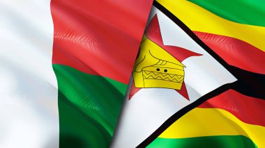 Madagaskar ve Zimbabwe bayrakları. 3 boyutlu dalgalanan bayrak tasarımı. Madagaskar Zimbabwe bayrağı, resim, duvar kağıdı. Madagaskar, Zimbabwe 'ye karşı, görüntü 3 boyutlu. Madagaskar Zimbabve ilişkileri ittifak ve