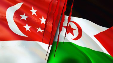 Singapur ve Batı Sahra bayrakları yara izi konseptiyle. Dalgalanan bayrak, 3 boyutlu görüntüleme. Singapur ve Batı Sahra çatışma konsepti. Singapur Batı Sahra ilişkileri kavramı. Singapur bayrağı