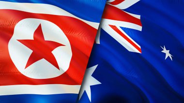 Kuzey Kore ve Avustralya bayrakları. 3 boyutlu dalgalanan bayrak tasarımı. Kuzey Kore Avustralya bayrağı, resim, duvar kağıdı. Kuzey Kore Avustralya 'ya karşı, görüntü 3D. Kuzey Kore Avustralya ittifakı