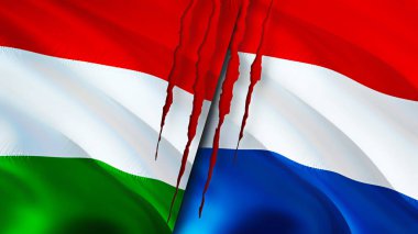Macaristan ve Hollanda yara izi kavramına sahip bayraklar. Dalgalanan bayrak, 3 boyutlu görüntüleme. Macaristan ve Hollanda ihtilaf kavramı. Macaristan Hollanda ilişkileri kavramı. Macaristan ve Hollanda bayrağı