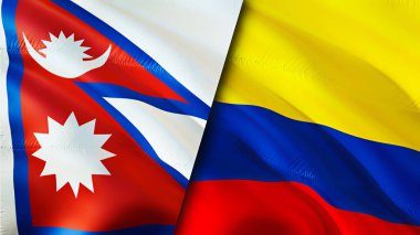 Nepal ve Kolombiya bayrakları. 3 boyutlu dalgalanan bayrak tasarımı. Nepal Kolombiya bayrağı, resim, duvar kağıdı. Nepal, Kolombiya 'ya karşı, görüntü 3 boyutlu. Nepal Kolombiya ilişkileri ittifak ve ticaret, seyahat, turizm konsepti