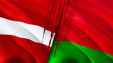 Letonya ve Belarus bayraklarında yara izi var. Dalgalanan bayrak, 3 boyutlu görüntüleme. Letonya ve Belarus çatışma konsepti. Letonya Belarus ilişkileri kavramı. Letonya bayrağı ve Belarus krizi, savaş, saldırı konsepti