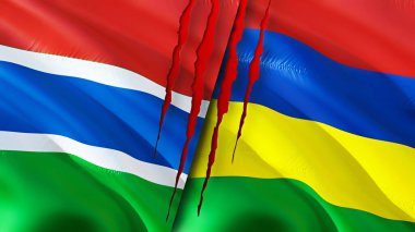Gambiya ve Mauritius yara izi olan bayraklar. Dalgalanan bayrak, 3 boyutlu görüntüleme. Gambiya ve Mauritius çatışma konsepti. Gambia Mauritius ilişkileri kavramı. Gambiya bayrağı ve Mauritius krizi, savaş, attac
