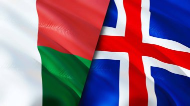 Madagaskar ve İzlanda bayrakları. 3 boyutlu dalgalanan bayrak tasarımı. Madagaskar İzlanda bayrağı, resim, duvar kağıdı. Madagaskar, İzlanda 'ya karşı, 3 boyutlu görüntüleme. Madagaskar İzlanda ilişkileri