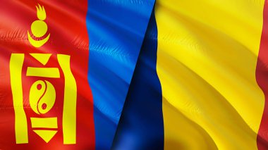 Moğolistan ve Çad bayrakları. 3 boyutlu dalgalanan bayrak tasarımı. Moğolistan bayrağı, resim, duvar kağıdı. Moğolistan, Chad 'e karşı, görüntü 3 boyutlu. Moğolistan Çad ilişkileri ittifak ve ticaret, seyahat, turizm konsepti