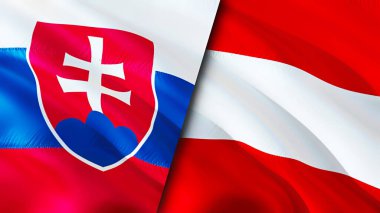 Slovakya ve Avusturya bayrakları. 3 boyutlu dalgalanan bayrak tasarımı. Slovakya Avusturya bayrağı, resim, duvar kağıdı. Slovakya Avusturya 'ya karşı, görüntü 3 boyutlu. Slovakya Avusturya ilişkileri ittifak ve ticaret, seyahat, turnuva
