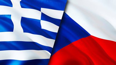Yunanistan ve Çek bayrakları. 3 boyutlu dalgalanan bayrak tasarımı. Yunanistan Çek bayrağı, resim, duvar kağıdı. Yunanistan Çek imajına karşı, 3D görüntüleme. Yunanistan Çek ilişkileri ittifak ve ticaret, seyahat ve turizm konsepti