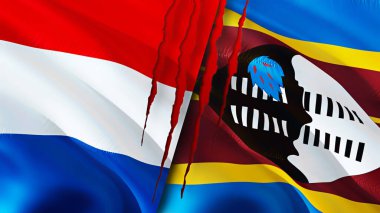Hollanda ve Eswatini bayraklarında yara izi var. Dalgalanan bayrak, 3 boyutlu görüntüleme. Hollanda ve Eswatini çatışma konsepti. Hollanda Eswatini ilişkileri kavramı. Hollanda ve Eswatin bayrağı