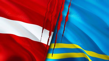 Yara izi olan Letonya ve Aruba bayrakları. Dalgalanan bayrak, 3 boyutlu görüntüleme. Letonya ve Aruba çatışma konsepti. Letonya Aruba ilişkileri kavramı. Letonya bayrağı ve Aruba krizi, savaş, saldırı konsepti